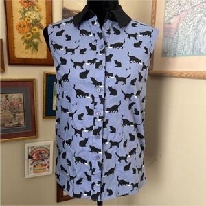 Kate Spade Cat Print Collared Sleeveless Blue And Black Button-Up Blouse
